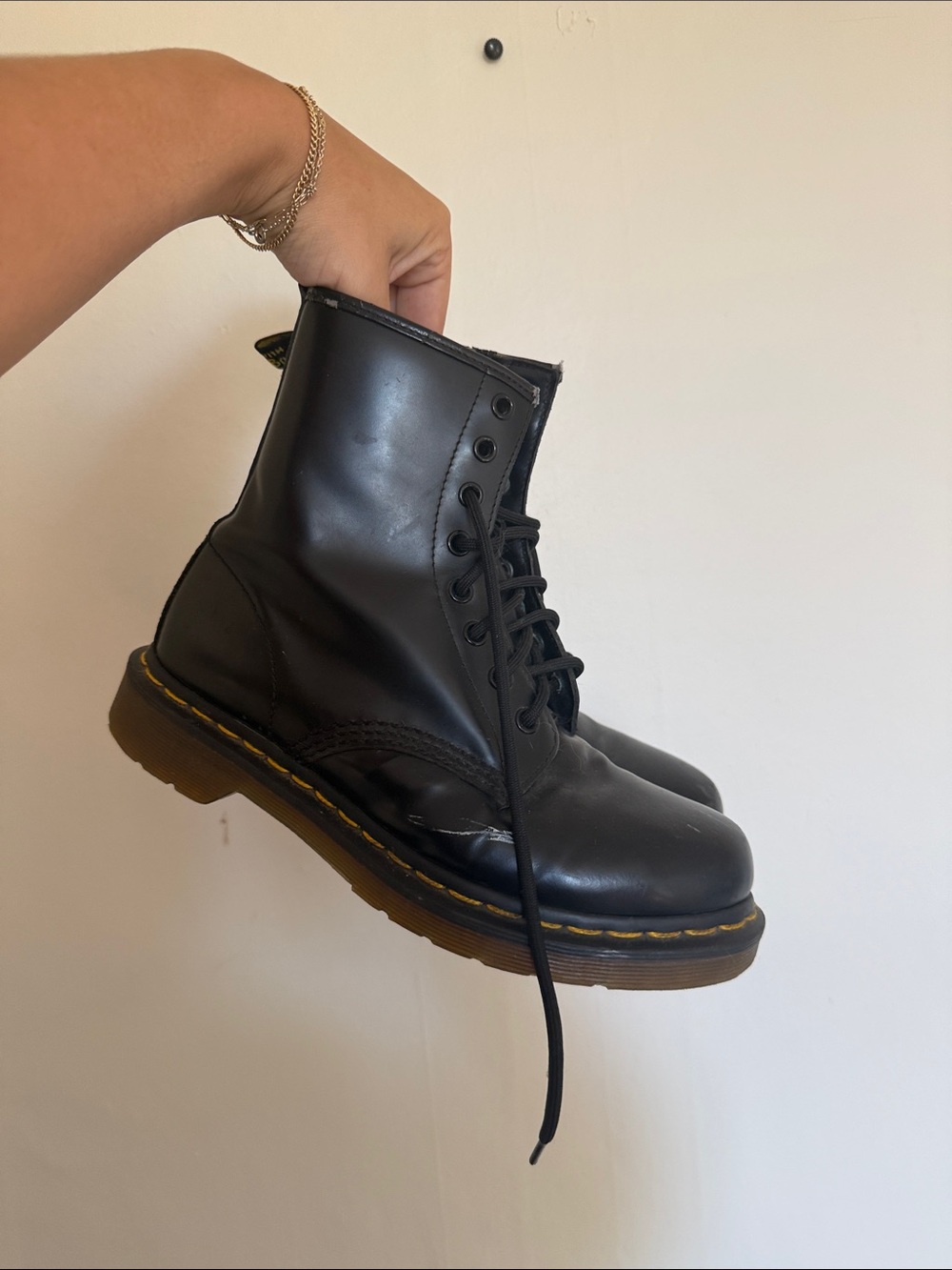 Dr. Martens Black Leather Combat Boots with Yellow Stitching - Picture 3 of 3